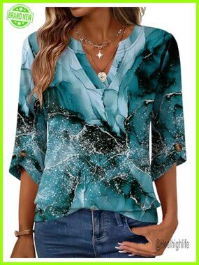 3/4 Length Sleeve Tunic Top V Neck Flowy Tee Dressy Casual Bell Sleeve Blouse